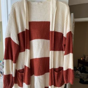Brown and tan stripped cardigan sweater with hood.